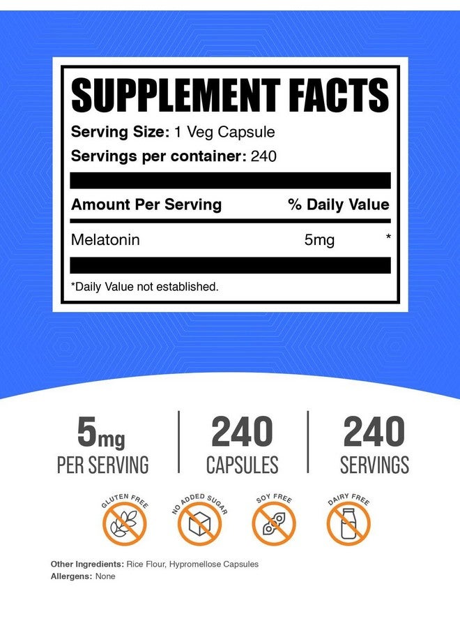 BulkSupplements.com Melatonin 5 mg Capsules - Melatonin for Adults, Sleep Supplement - 5mg Melatonin per Serving, 1 Capsule per Serving, 240 Capsules (Pack of 1) - Image 2