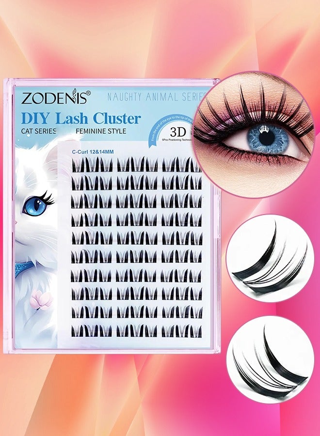 ZODENIS 90 قطعة من الرموش العنقودية DIY مجموعة وصلات الرموش لطيف القط سلسلة 12 مم و 14 مم مزيج من الرموش الفردية رموش عين القط ذات المظهر الطبيعي رموش عنقودية C Curl Wispy False Eyelashes Kit - Image 1