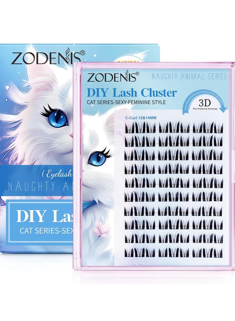 ZODENIS 90 قطعة من الرموش العنقودية DIY مجموعة وصلات الرموش لطيف القط سلسلة 12 مم و 14 مم مزيج من الرموش الفردية رموش عين القط ذات المظهر الطبيعي رموش عنقودية C Curl Wispy False Eyelashes Kit - Image 2