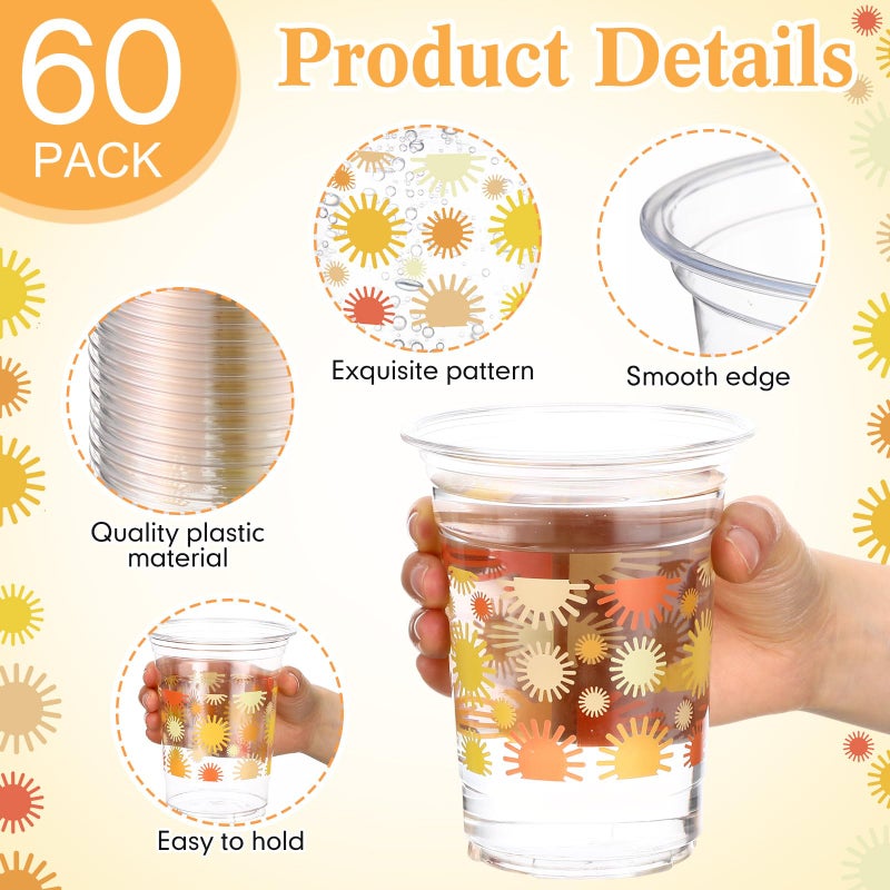Funnymoom 60 Pcs Boho Sun Disposable Plastic Cups 16 oz Colorful Sunshine Pattern Cold Beverage Drinking Cup Bulk for Boho Party Favors 1st Birthday First Trip Baby Shower Party Supplies - Image 2