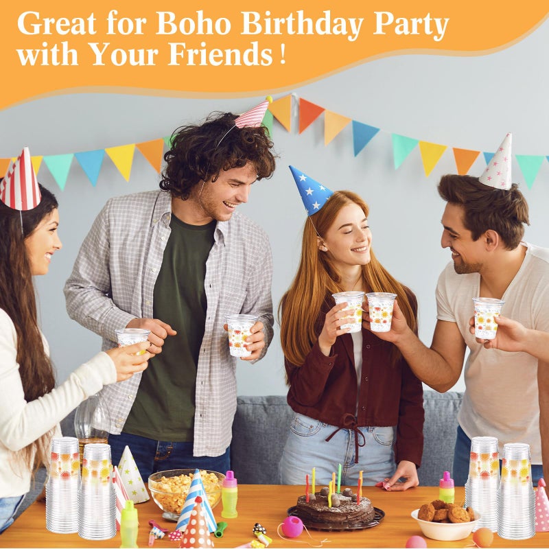 Funnymoom 60 Pcs Boho Sun Disposable Plastic Cups 16 oz Colorful Sunshine Pattern Cold Beverage Drinking Cup Bulk for Boho Party Favors 1st Birthday First Trip Baby Shower Party Supplies - Image 3