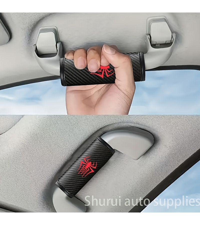 2pcs Red Faux Leather Carbon Fiber Car Roof Handle Cover Spider Pattern Fashion Design Smooth Texture Interior Decoration - Image 4