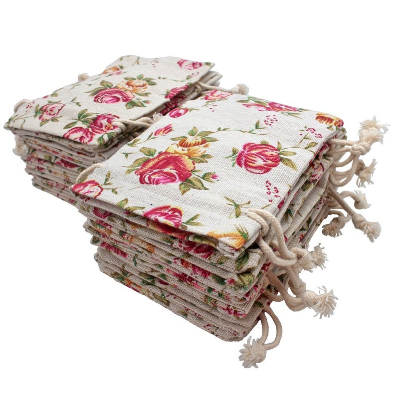 FASOTY Lot of 50 Rose Drawstring Bags Burlap Flower Pouch Bags Linen Gift Bags Floral Jewelry Pouches Jute Sacks for Wedding Favors Party Gifts, Bridal Shower, Birthday, DIY Craft, 3.7x5.2 Inch - Image 1