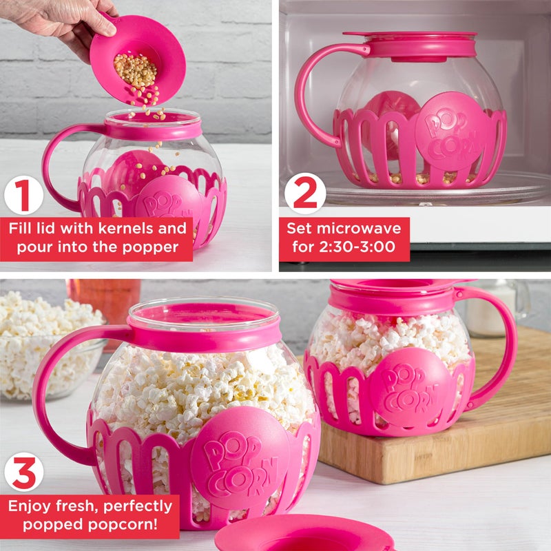 Ecolution Patented Micro-Pop Microwave Popcorn Popper with Temperature Safe Glass, 3-in-1 Lid Measures Kernels and Melts Butter, Made Without BPA, Dishwasher Safe, 3-Quart, Hot Pink - Image 3