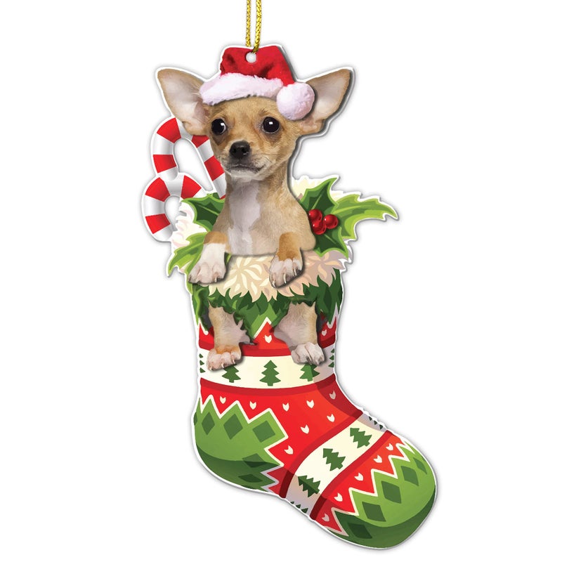 Crazytops Chihuahua Dog Flat Acrylic Christmas Ornament  Adorable Holiday Stocking Decoration for Chihuahua Lovers  Chihuahua Dog Dressed As A Sock  2024 Chihuahua Dog Christmas Ornament
