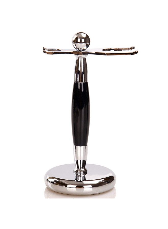 SANWA Deluxe Stainless Steel Shaving Brush Stand Holder For Razor & Brush Extra Wide Openings Weighted Base Black Handle - Image 1