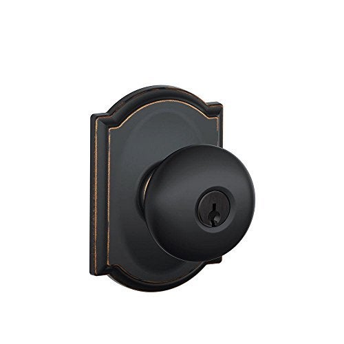 SCHLAGE F51A PLY 716 CAM Plymouth Knob with Camelot Trim Keyed Entry Lock, Aged Bronze - Image 1