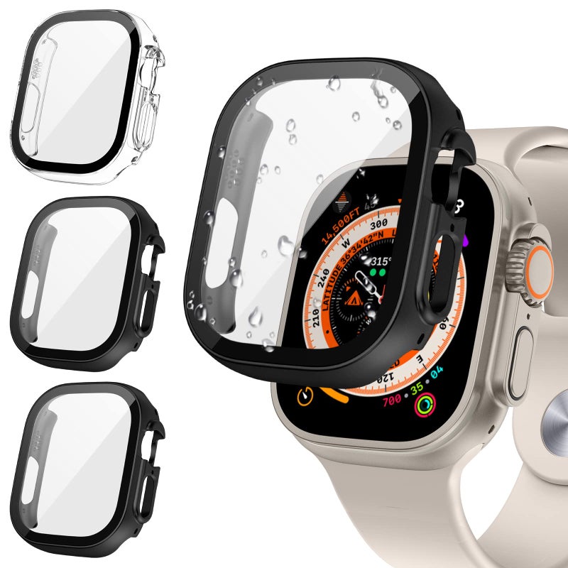 Tensea Apple Watch Ultra 49mm 3-Pack Protective Case with Tempered Glass Film, Hard PC Bumper, Ultra-Thin Guard, Clear/Black/Black - Image 1