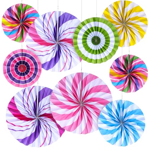 Outus Hanging Paper Fans Decorations Candy Party Classroom Decoration Colorful Peppermint Candy Paper Fan Ceiling Wall Garland for Candyland Themed Birthday Party Supplies(9 Pcs,Classic) - Image 1