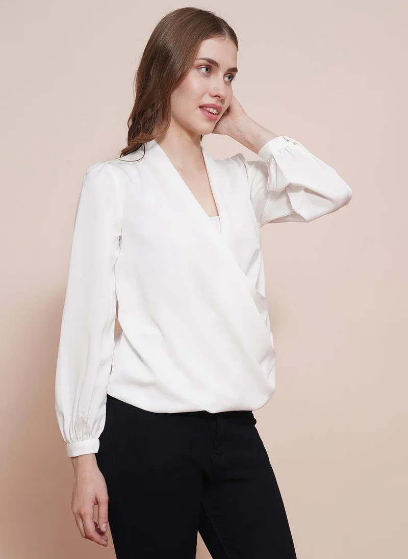 globus Globus Women White Solid Wrap Neck Cuffed Sleeves Gathered Waist Satin Workwear Top