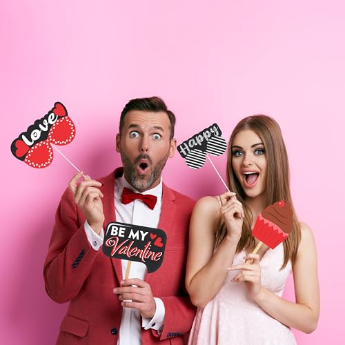 Wobbox Valentine Party Photo Booth Props for Couples, Happy Valentine Props for Photoshoot, Valentine Party Decoration, Valentine Day Party Decorations Items (Red Black & White - 29 Pcs) - Image 5