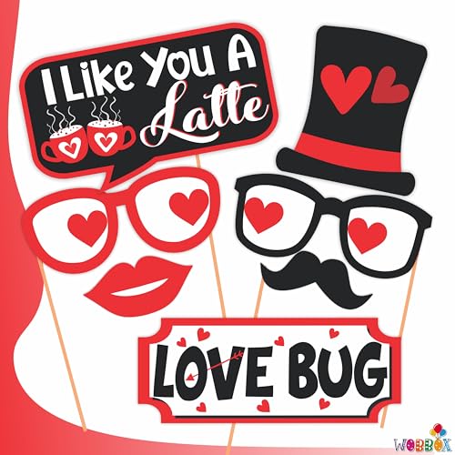 Wobbox Valentine Party Photo Booth Props for Couples, Happy Valentine Props for Photoshoot, Valentine Party Decoration, Valentine Day Party Decorations Items (Red Black & White - 29 Pcs) - Image 2