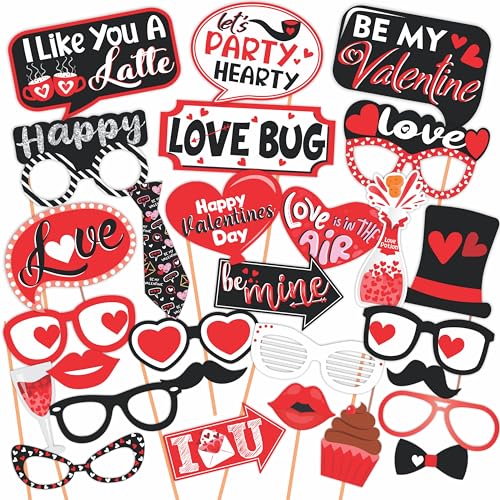 Wobbox Valentine Party Photo Booth Props for Couples, Happy Valentine Props for Photoshoot, Valentine Party Decoration, Valentine Day Party Decorations Items (Red Black & White - 29 Pcs) - Image 1