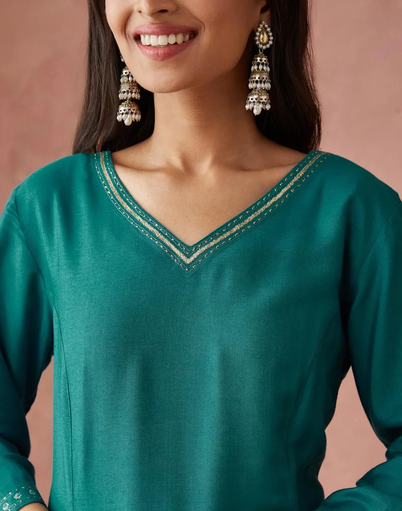 Fabindia Teal Viscose Silk Slim Fit Long Kurta