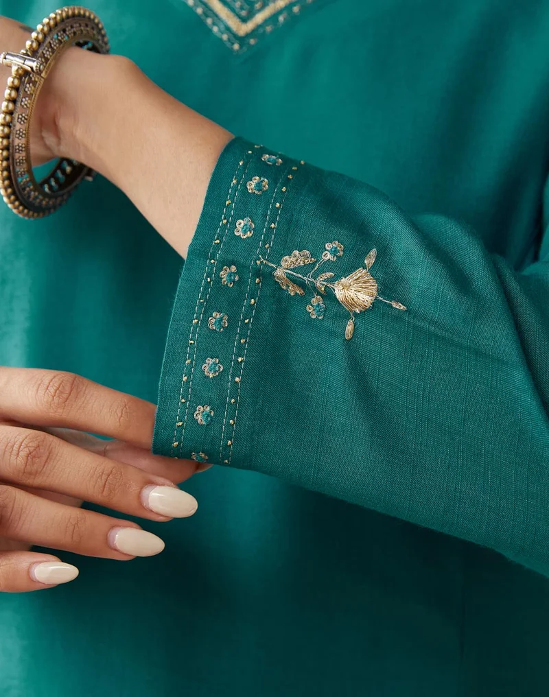Fabindia Teal Viscose Silk Slim Fit Long Kurta