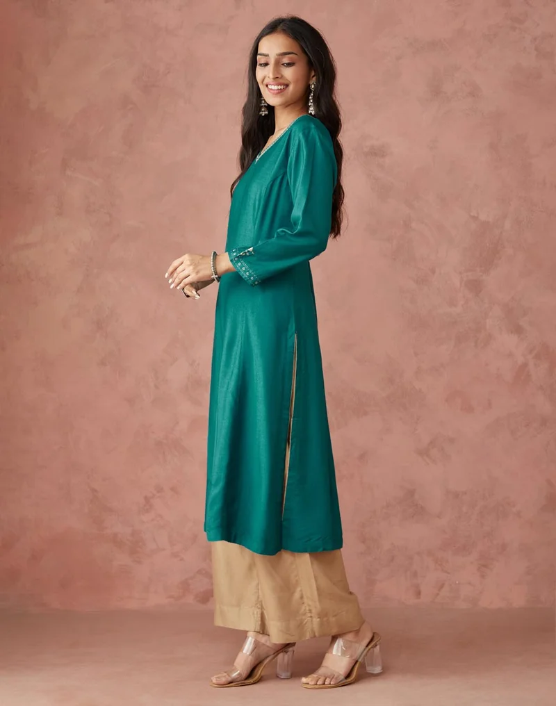 Fabindia Teal Viscose Silk Slim Fit Long Kurta