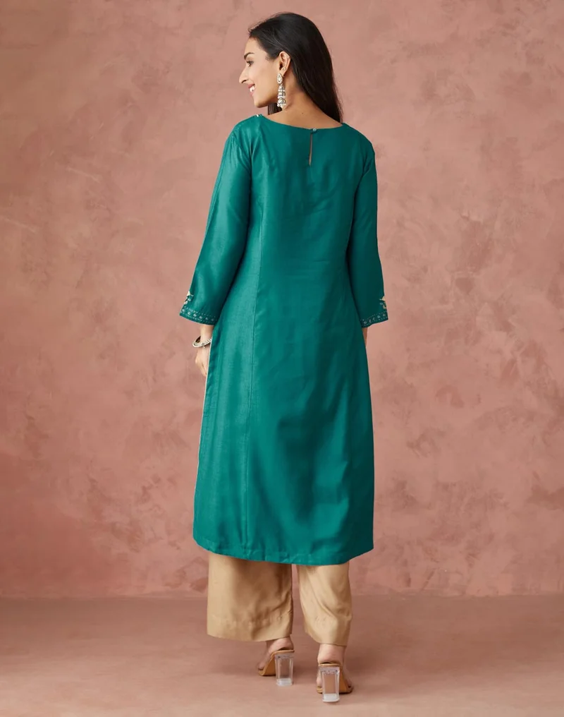 Fabindia Teal Viscose Silk Slim Fit Long Kurta
