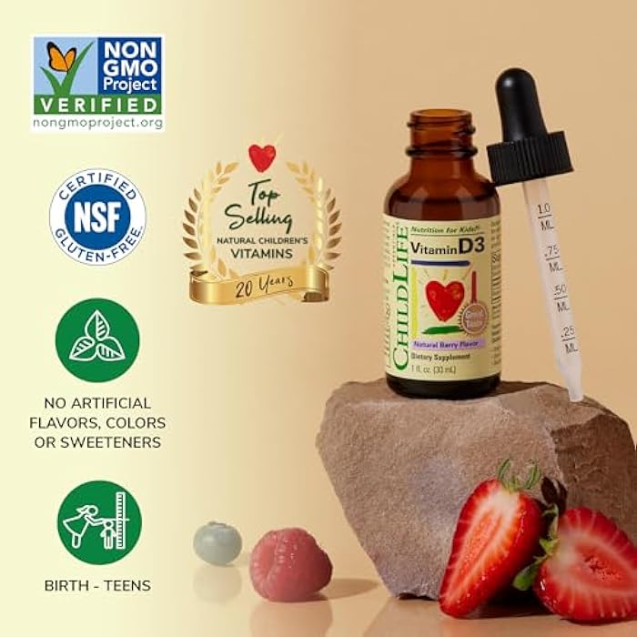 CHILDLIFE Essentials Vitamin D3 Drops for Kids, Children, & Toddlers - Liquid Vitamin D Drops, 500 IU per Drop, Immune & Bone Health Support, Natural Berry - 1 Fl Oz (Pack of 2) - Image 4