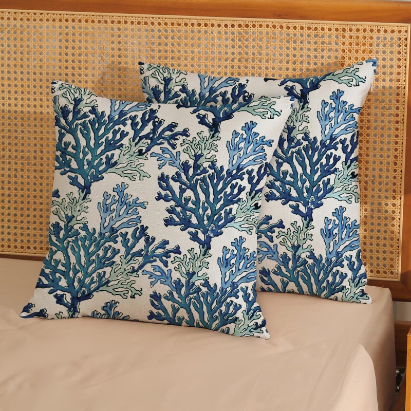 OFIRD Summer Coastal Pillow Covers 18x18 Pack of 2 Navy Blue Coral Throw Pillow Cover Coral Branch Ocean Themed Beach Decor Pillowcase Beachy Nautical Cushion Case for Sofa Couch Outdoor Decor - Image 2