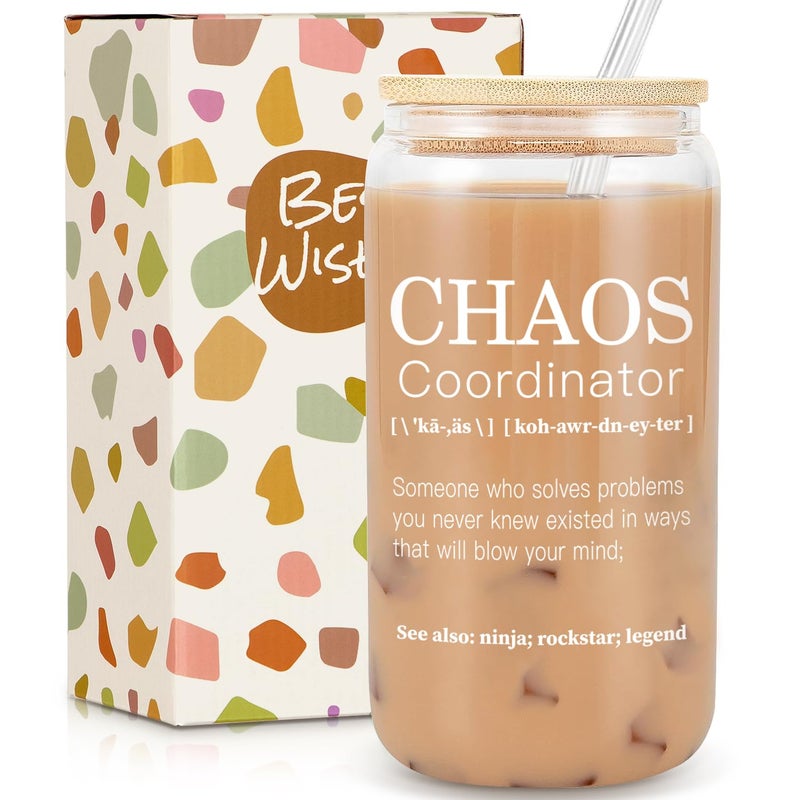 Frerdui Chaos Coordinator Gifts  Boss Lady Gifts for Women Coworker Teacher Nurse Mom  18 oz Teacher Office Can Glass 