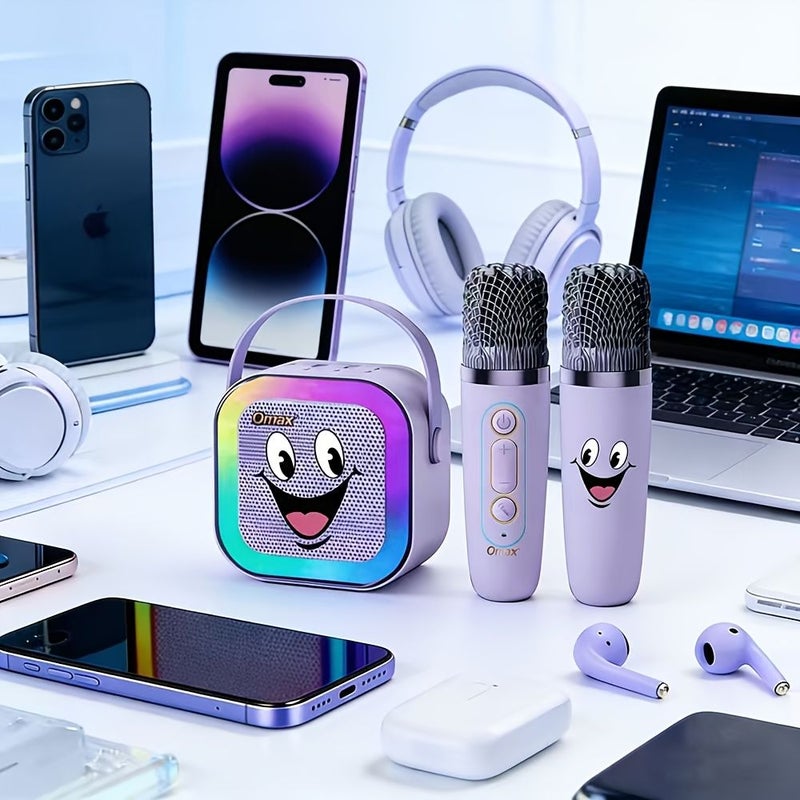 Purple 2 Microphones Portable Bluetooth Speaker With LED Colorful Lights For Birthday Party Karaoke And Gifting - Image 1