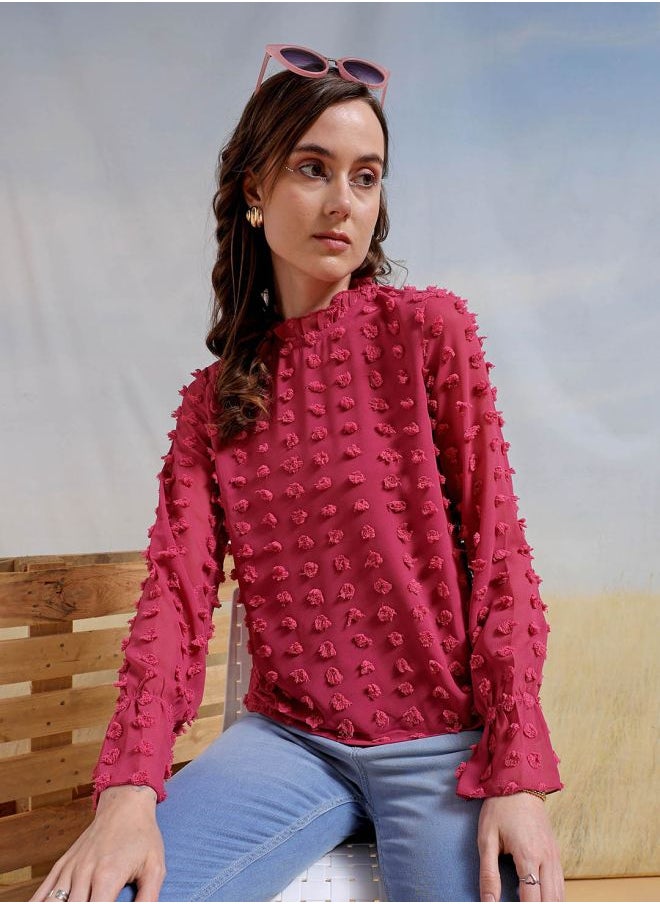 Freehand Women Regular Fit Casual Textured Round Neck Top  - Image 4