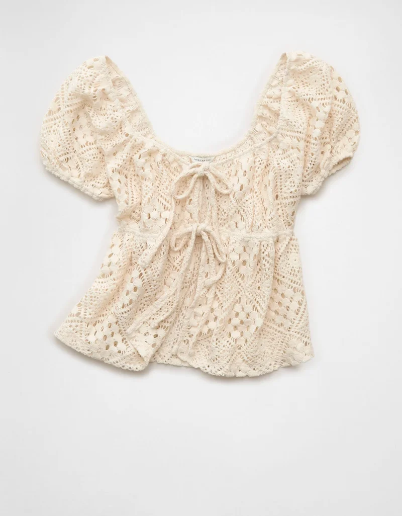 American Eagle  AE Tie-Front Puff Sleeve Tee for Women | Best Price UAE