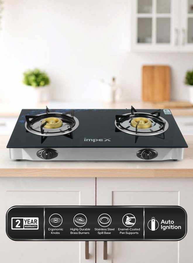 Impex 2 Burner Glass Top Gas Stove with Auto Ignition - IGS 1214F, Toughened Glass, Stainless Steel Spill Tray & Pan Support – High Efficiency Blue Flame, Ergonomic Knobs, L Shape Gas Inlet Kitchen Food Fast Cooking, 2-Year Warranty IGS 1214F Black/Silver - Image 1