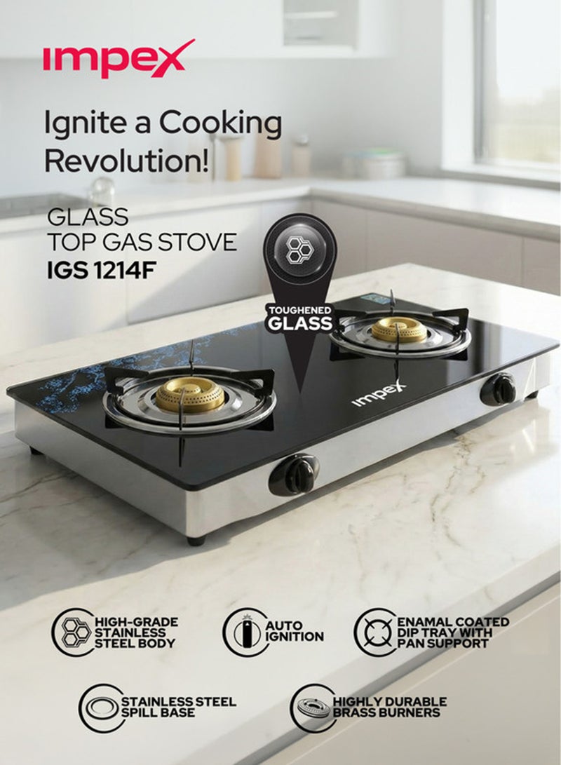 Impex 2 Burner Glass Top Gas Stove with Auto Ignition - IGS 1214F, Toughened Glass, Stainless Steel Spill Tray & Pan Support – High Efficiency Blue Flame, Ergonomic Knobs, L Shape Gas Inlet Kitchen Food Fast Cooking, 2-Year Warranty IGS 1214F Black/Silver - Image 2