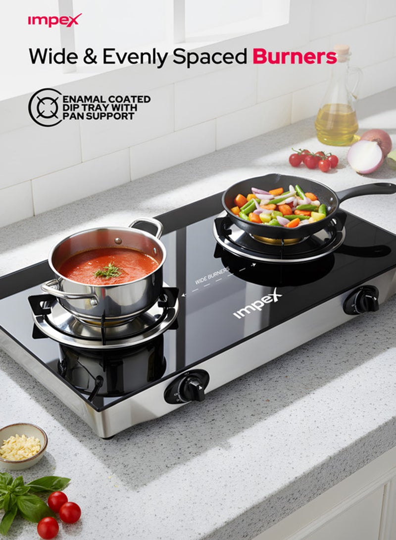 Impex 2 Burner Glass Top Gas Stove with Auto Ignition - IGS 1214F, Toughened Glass, Stainless Steel Spill Tray & Pan Support – High Efficiency Blue Flame, Ergonomic Knobs, L Shape Gas Inlet Kitchen Food Fast Cooking, 2-Year Warranty IGS 1214F Black/Silver - Image 4