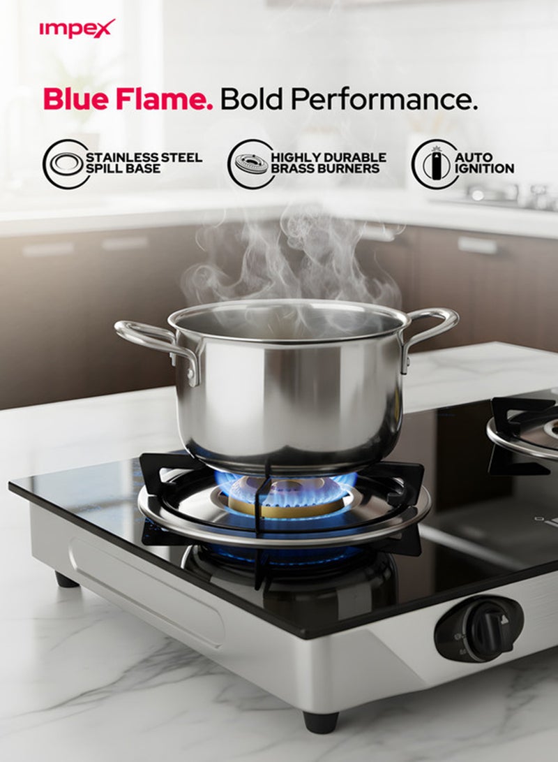 Impex 2 Burner Glass Top Gas Stove with Auto Ignition - IGS 1214F, Toughened Glass, Stainless Steel Spill Tray & Pan Support – High Efficiency Blue Flame, Ergonomic Knobs, L Shape Gas Inlet Kitchen Food Fast Cooking, 2-Year Warranty IGS 1214F Black/Silver - Image 5