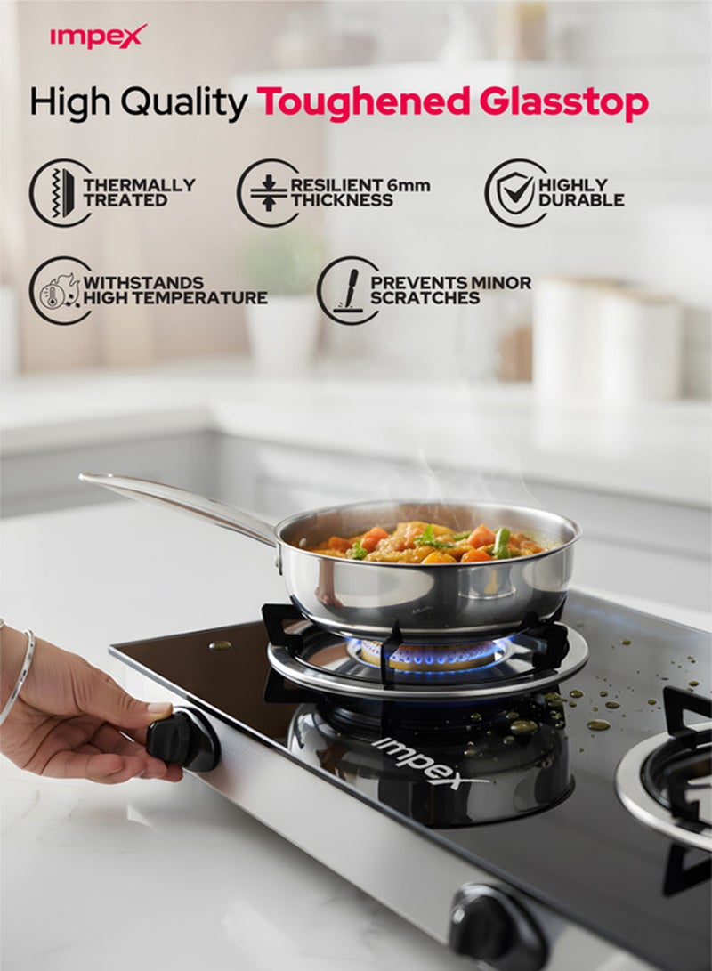 Impex 2 Burner Glass Top Gas Stove with Auto Ignition - IGS 1214F, Toughened Glass, Stainless Steel Spill Tray & Pan Support – High Efficiency Blue Flame, Ergonomic Knobs, L Shape Gas Inlet Kitchen Food Fast Cooking, 2-Year Warranty IGS 1214F Black/Silver - Image 3