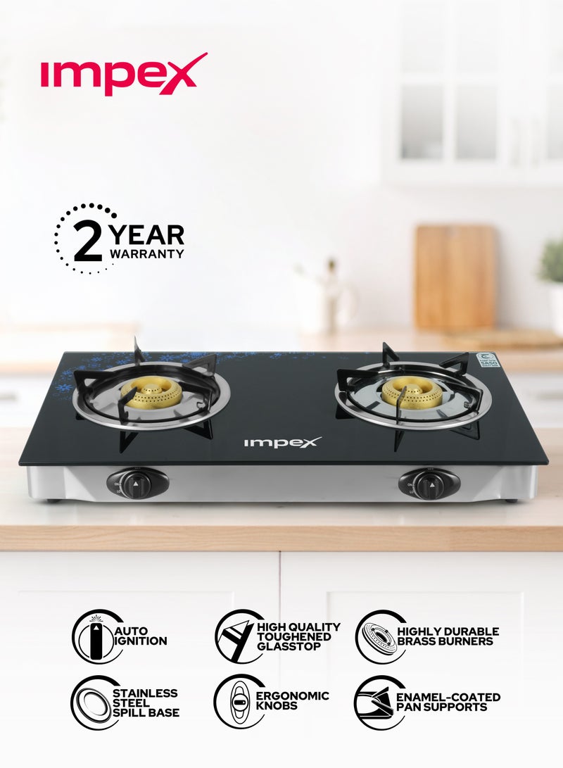 Impex 2 Burner Glass Top Gas Stove with Auto Ignition - IGS 1214F, Toughened Glass, Stainless Steel Spill Tray & Pan Support – High Efficiency Blue Flame, Ergonomic Knobs, L Shape Gas Inlet Kitchen Food Fast Cooking, 2-Year Warranty IGS 1214F Black/Silver - Image 1
