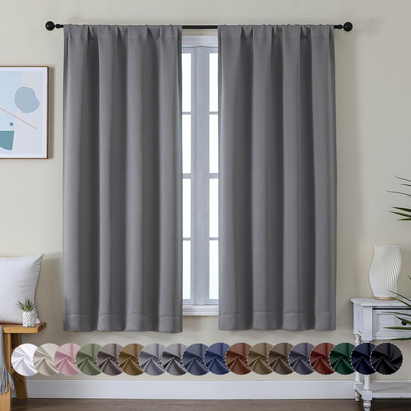 Simplebrand Ava Light Grey Blackout Curtains for Bedroom 63 Inch Length 2 Panels, Solid Thermal Insulated Energy Saving Rod Pocket Window Treatment Curtains Blackout Drapes, W40 x L63 Inch, Light Grey - Image 1