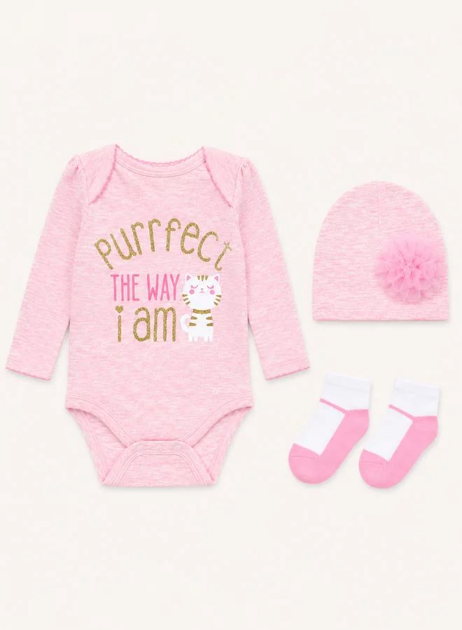 Mothers Choice Baby Girl Pink Long Sleeve Cotton Bodysuit Set with Hat and Socks