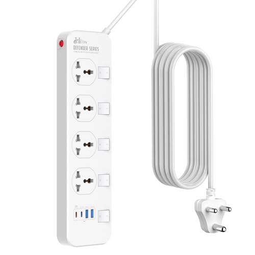 Hoteon Extension Board with USB Slots, 2500W/10A Individual Switch Power Strip, 4 Way Outlets 2 Type C & 2 USB A Ports, Universal Spike Guard Sockets with Safety Shutter, 5Mtr Cable (3 Pin White) - Image 1