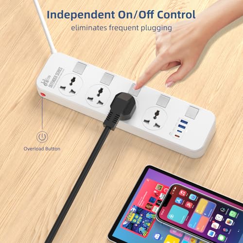 Hoteon Extension Board with USB Slots, 2500W/10A Individual Switch Power Strip, 4 Way Outlets 2 Type C & 2 USB A Ports, Universal Spike Guard Sockets with Safety Shutter, 5Mtr Cable (3 Pin White) - Image 4