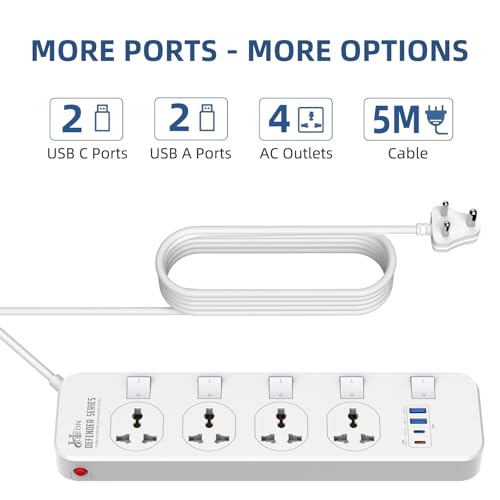 Hoteon Extension Board with USB Slots, 2500W/10A Individual Switch Power Strip, 4 Way Outlets 2 Type C & 2 USB A Ports, Universal Spike Guard Sockets with Safety Shutter, 5Mtr Cable (3 Pin White) - Image 2