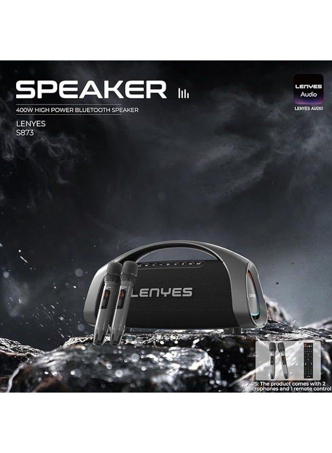 Lenyes S873 Bluetooth Party Speaker | 400W Peak Power | 2 Wireless UHF Mics | 30000mAh Battery | 60W PD Fast Charging | IPX6 Waterproof | TWS Mode | RGB Lights | Lenyes Audio App Compatible (Black) - Image 5