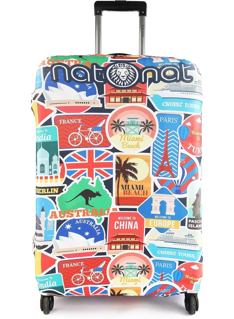 natOnat Travel Luggage Cover Protector - Suitcase Cover with Coloured Pattern- Stretchy, Washable Spandex & Polyester - Protects Against Dirt & Scratches - Travel Stickers Design - Fits 65-70 CM Height ( Large ) - Image 1