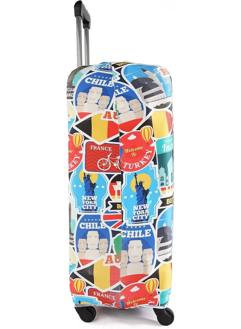 natOnat Travel Luggage Cover Protector - Suitcase Cover with Coloured Pattern- Stretchy, Washable Spandex & Polyester - Protects Against Dirt & Scratches - Travel Stickers Design - Fits 65-70 CM Height ( Large ) - Image 4