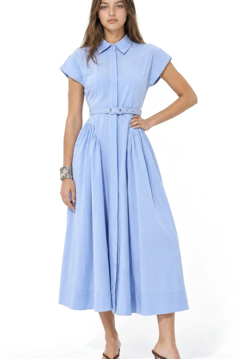 BUSEM Belted Midi Dress with Shirt Collar
