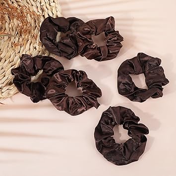 COMNICO Satin Silk Hair Scrunchies 6Pcs Dark Brown Soft Hair Ties Satin Scrunchy Elastic Band Hair Bobbles Ponytail Holder Hair Accessories for Women Girls Different Hairstyles and Occasions - Image 4