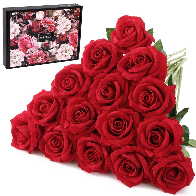 Cloudecor 15Pcs Artificial Roses Velet Real Touch Single Stem Fake Roses Silk Realistic Bouquet Flowers Arrangements Home Office Garden Grave Party Wedding Decoration Red15p Blossom Roses