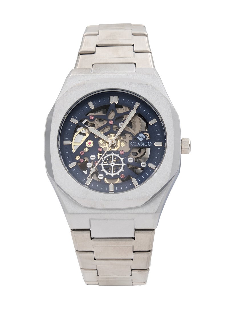 Clasico ساعة فورت سكلتون للرجال الفاخرة ⏱️ حركة كوارتز | فولاذ مقاوم للصدأ فضي ✨ | تصميم هيكل عظمى - Image 1