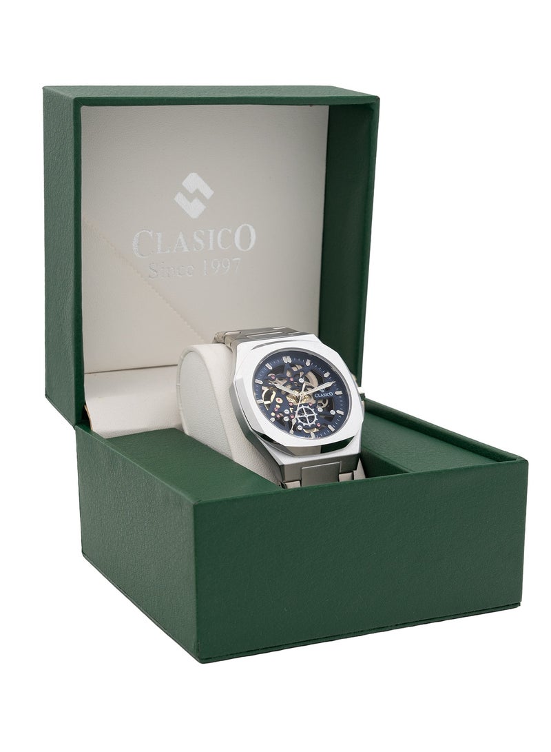 Clasico ساعة فورت سكلتون للرجال الفاخرة ⏱️ حركة كوارتز | فولاذ مقاوم للصدأ فضي ✨ | تصميم هيكل عظمى - Image 5