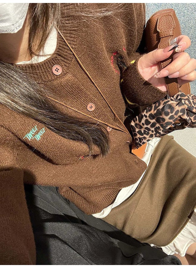 Leyuan Embroidered Cartoon Autumn Winter New Long Sleeve Coat Lazy Knitted Cardigan Top Round Neck Women's Sweater - Image 1