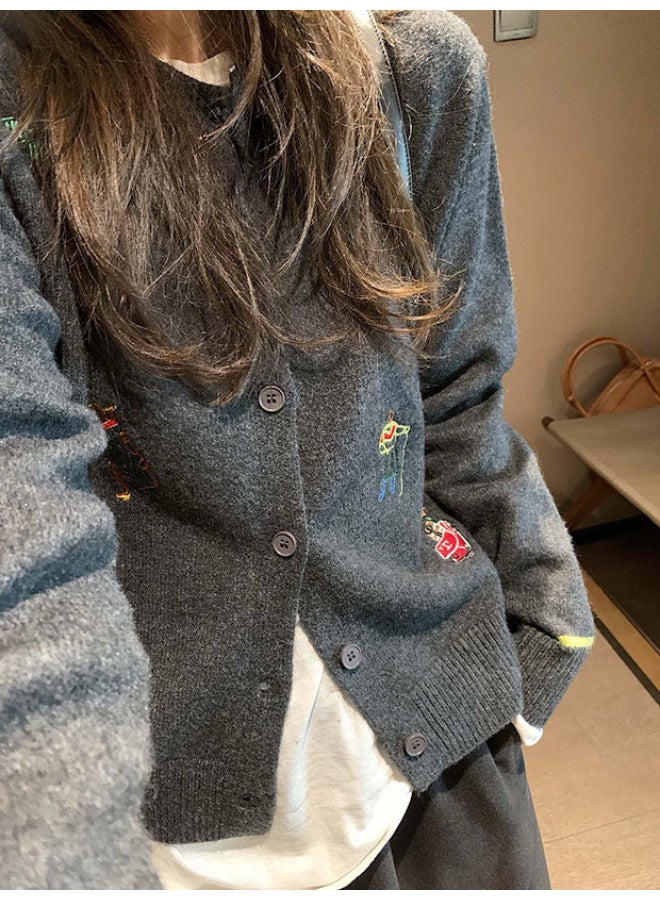 Leyuan Embroidered Cartoon Autumn Winter New Long Sleeve Coat Lazy Knitted Cardigan Top Round Neck Women's Sweater - Image 5