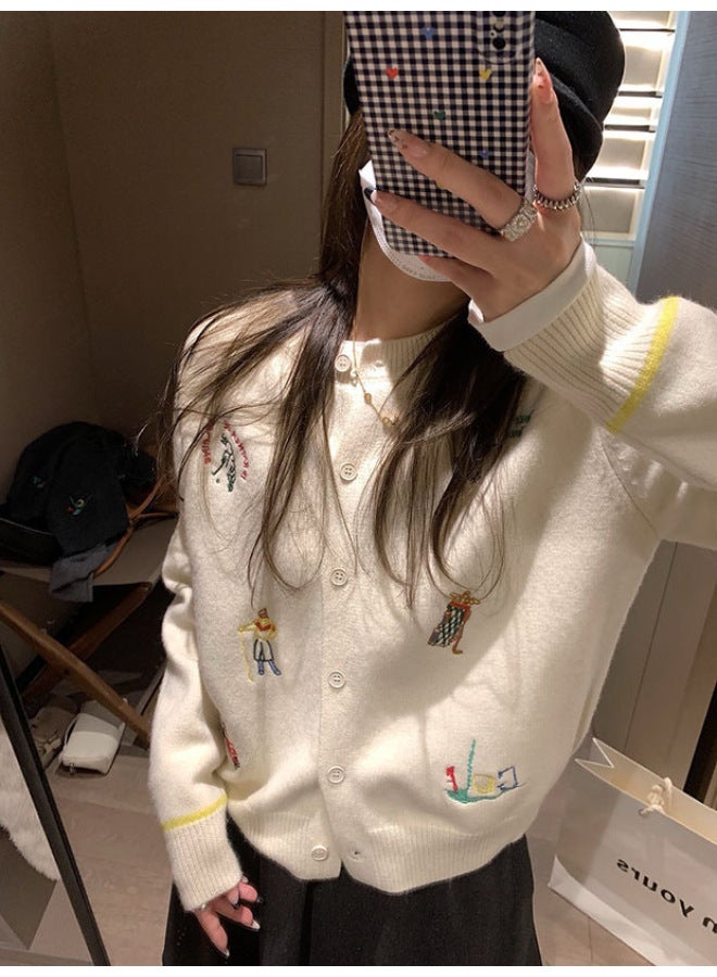 Leyuan Embroidered Cartoon Autumn Winter New Long Sleeve Coat Lazy Knitted Cardigan Top Round Neck Women's Sweater - Image 3