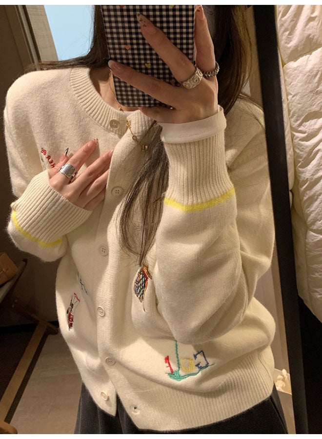 Leyuan Embroidered Cartoon Autumn Winter New Long Sleeve Coat Lazy Knitted Cardigan Top Round Neck Women's Sweater - Image 4